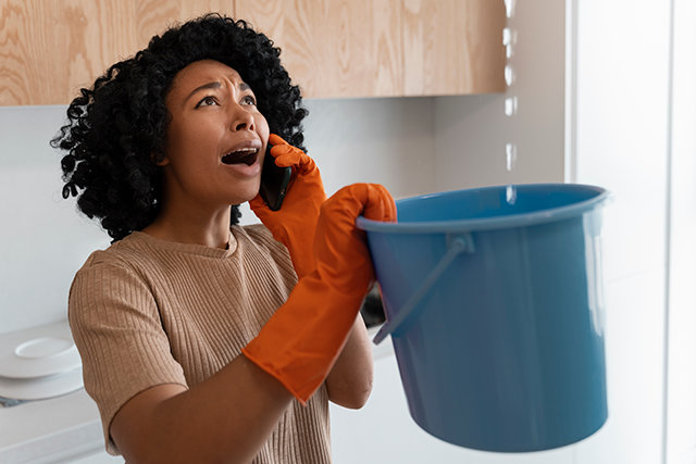 Woman catching leaking water in a budket
